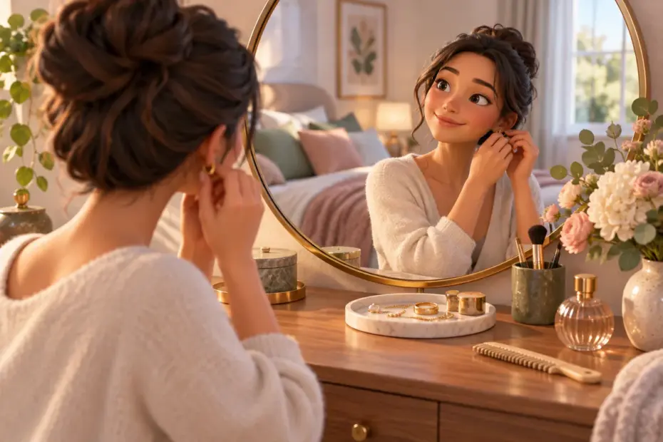A dressing table with a mirror and simple personal-care items.