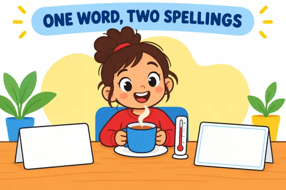 Cartoon water turns to curling vapour above a warm cup, showing vapor vs vapour as the same gas in two spellings.
