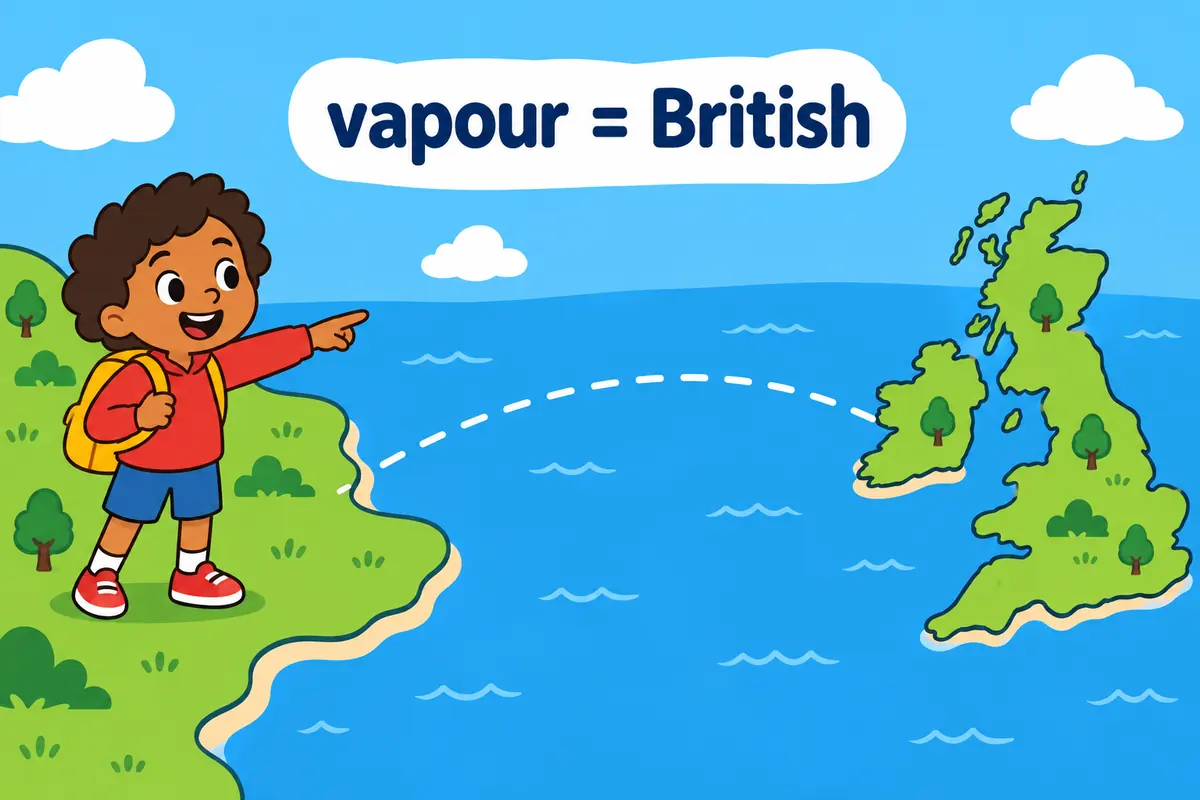 A cartoon map of the Atlantic shows vapour labelled over Britain and vapor over America, teaching the regional split.