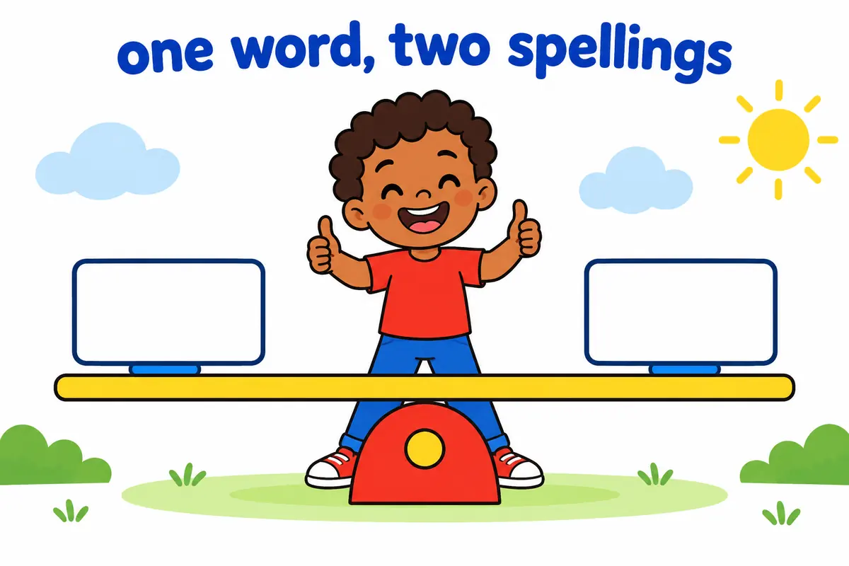 A cartoon seesaw balances the words vapor and vapour evenly, showing that they mean the same thing.