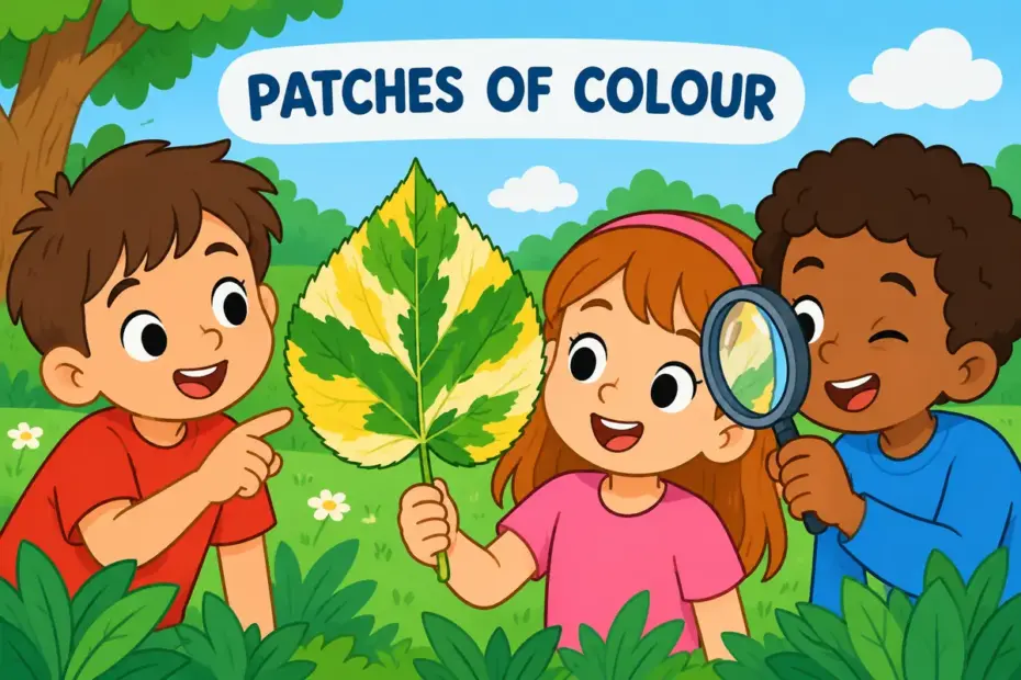 Cartoon children study a large leaf with distinct colour patches, showing variegated in a sentence as mixed colours on one surface.