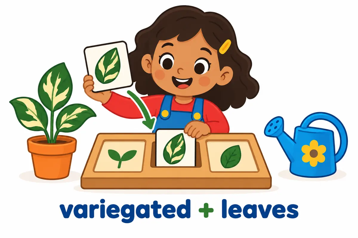 Cartoon children point at a large leaf whose surface is divided into distinct colour patches.