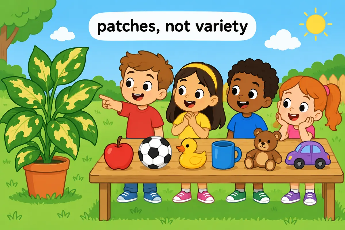 One unified cartoon scene illustrates Variegated describes colour patches on one surface, while varied describes difference in kind.