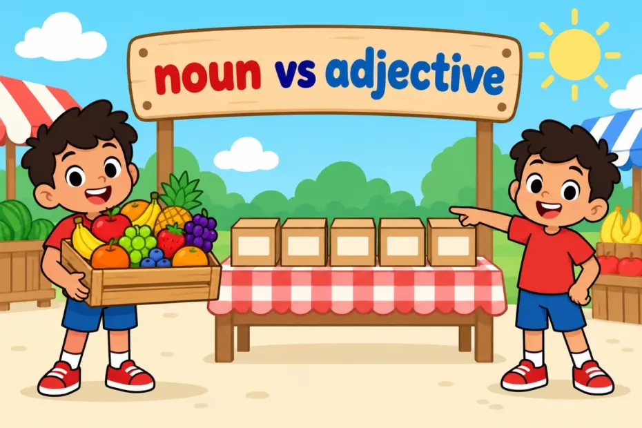 Cartoon shelves show a variety vs various as a noun against an adjective, with an apple tray and a row of labels.