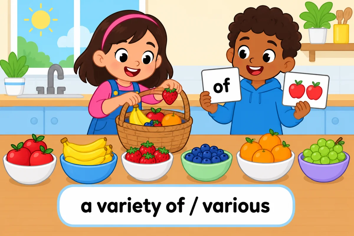 Cartoon child fills a basket from a variety of fruit while a friend points at various fruit labels.