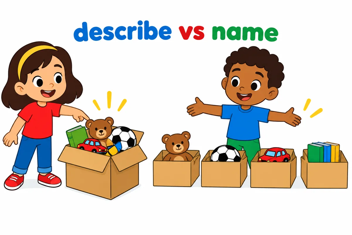 A single cartoon scene contrasts a child naming a mixed box and a child describing many boxes.