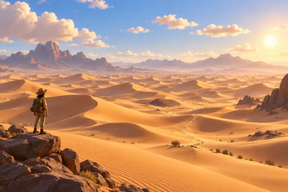 A wide desert of sunlit dunes stretches toward distant mountain ridges.