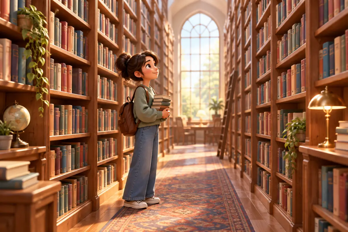 A quiet library aisle has tall shelves of books stretching into the distance.