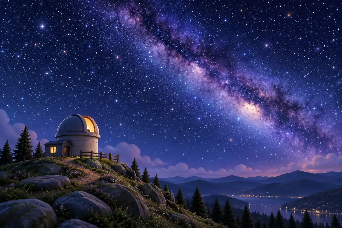 A small observatory sits beneath a broad, glowing field of stars.
