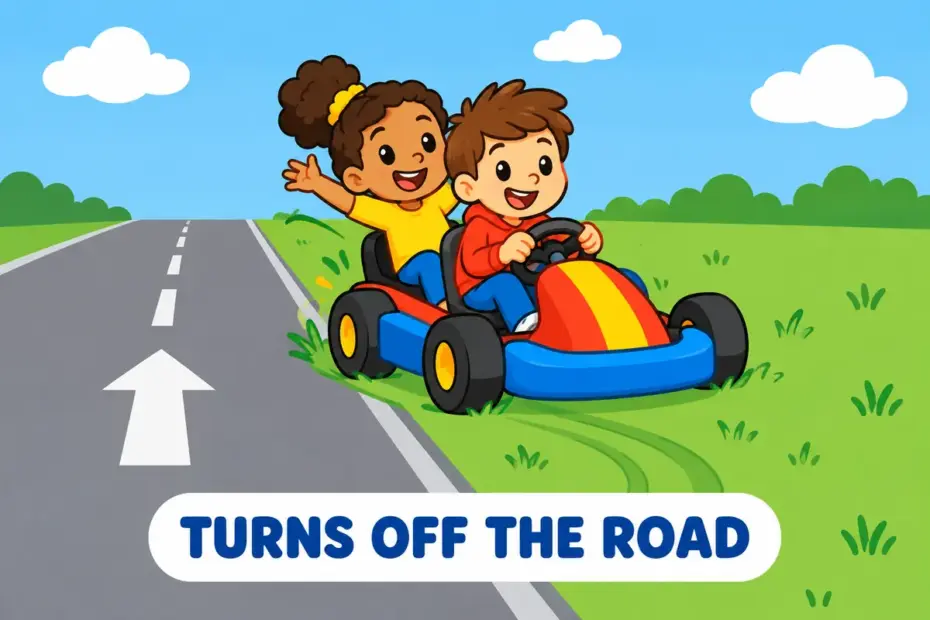 Cartoon children in a go-kart veer away from a straight track toward a sign, showing veer off in a sentence.