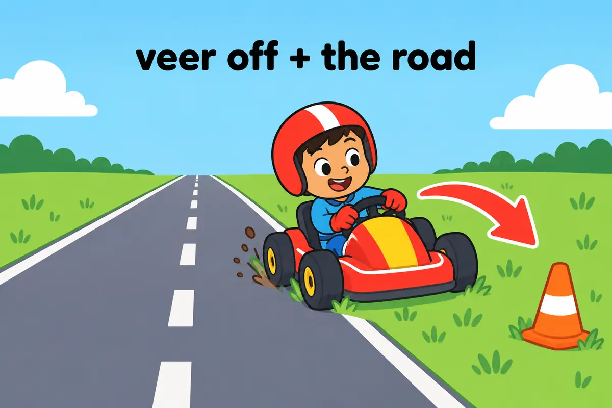 A cartoon go-kart swerves away from a straight track while an arrow bends aside, showing the veer off pattern.
