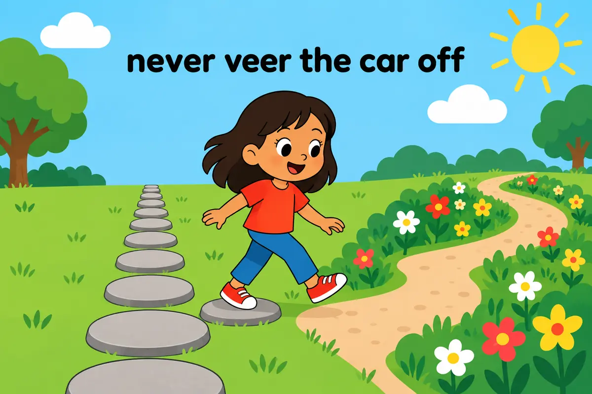 A cartoon speaker steps off a straight line of stones onto a side path, showing the common veer off error.