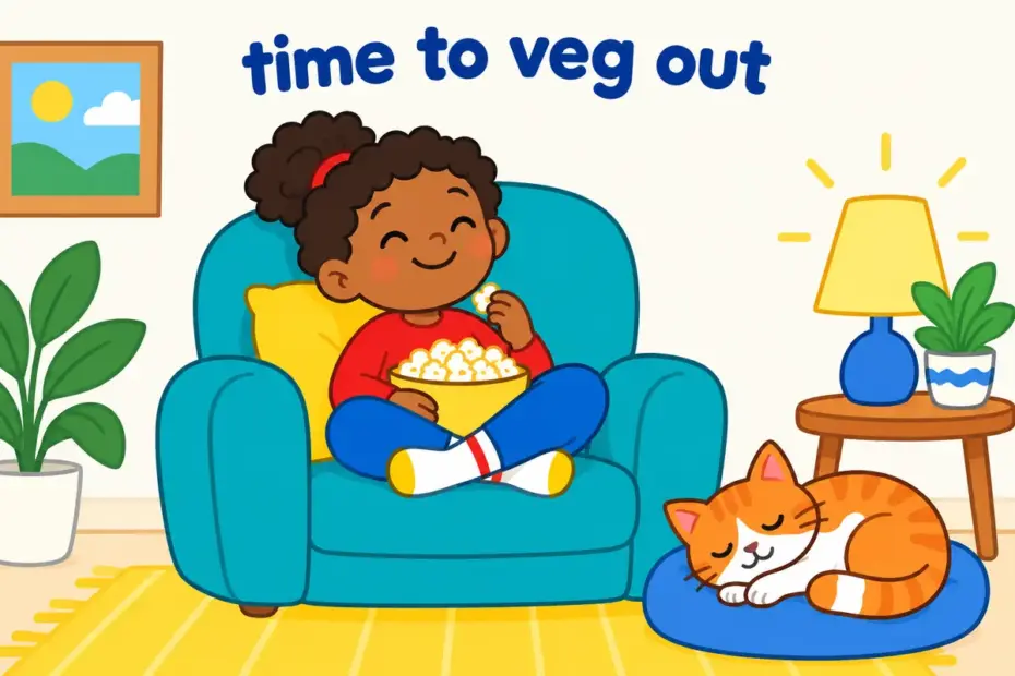 Cartoon child relaxing on a sofa with a snack and a sleepy cat, showing veg out in a sentence.