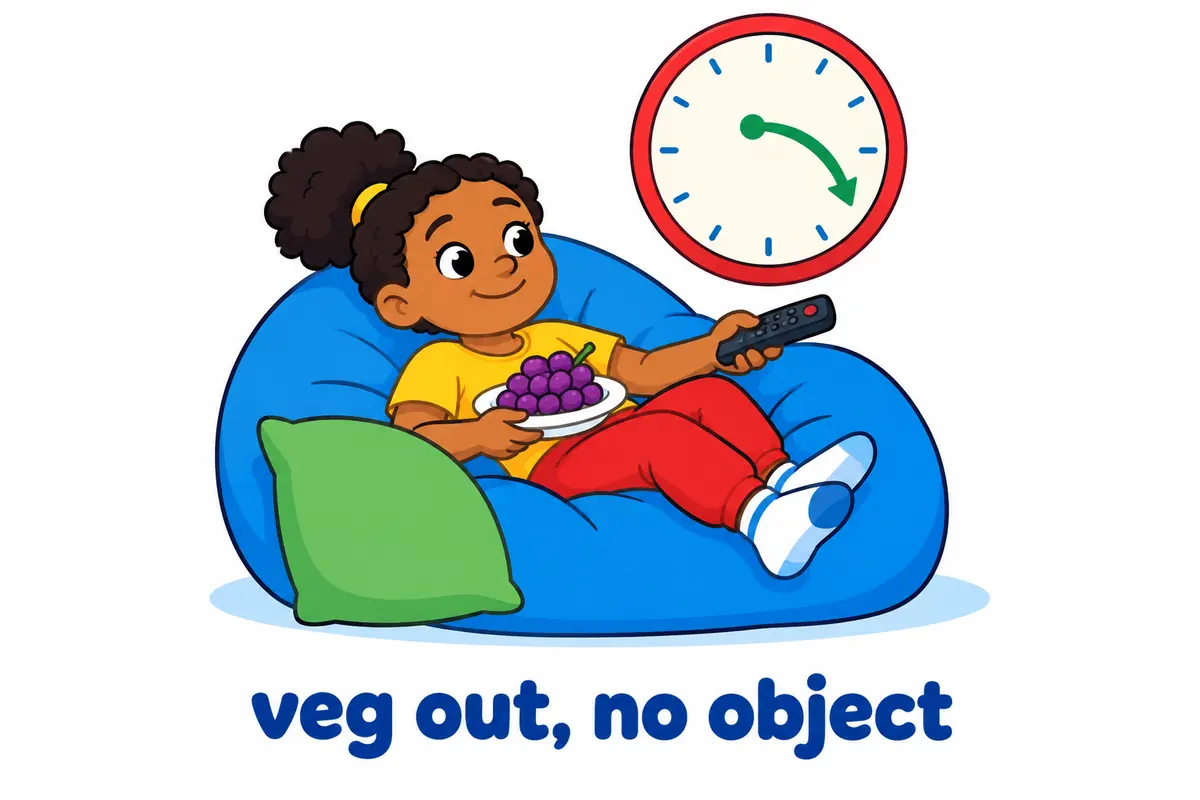 A cartoon child sunk into a beanbag with a remote and a plate of fruit, arrows showing time passing slowly.