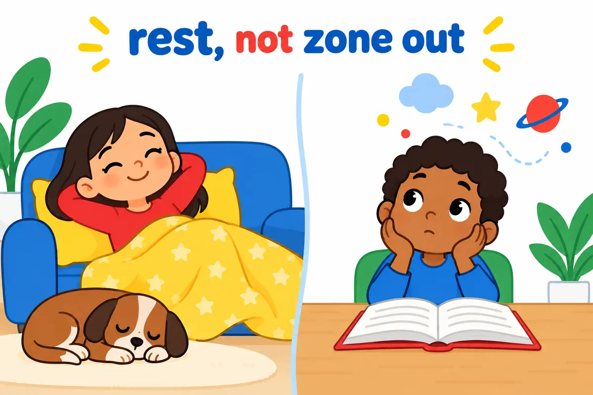 A cartoon couch scene comparing a relaxed child and a distracted child staring into space.