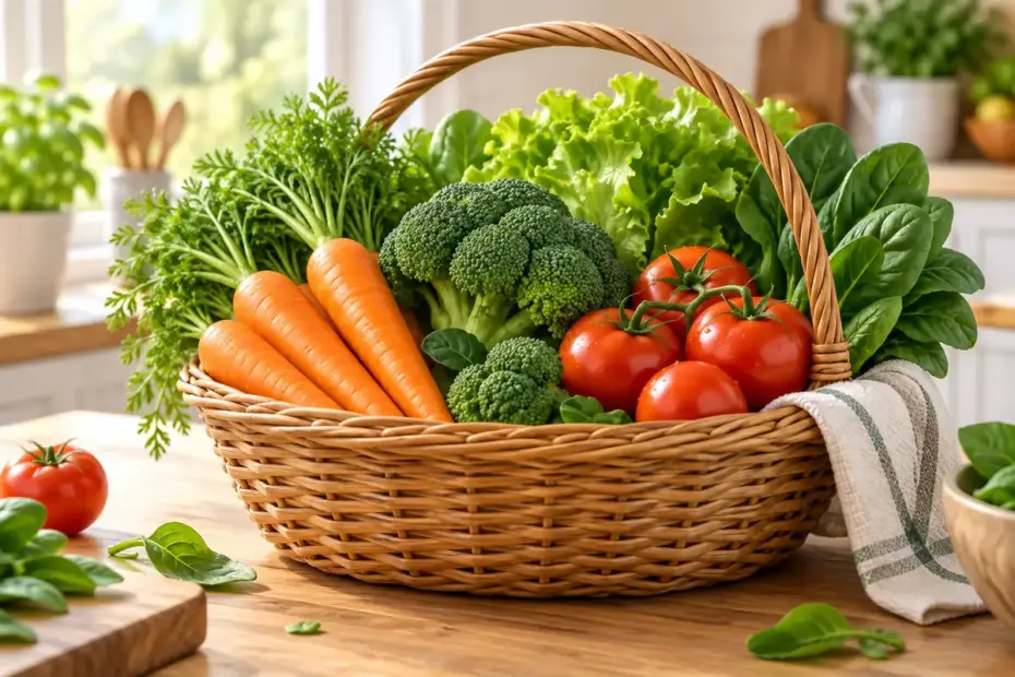 A colorful basket holds carrots, broccoli, leafy greens, and tomatoes on a kitchen table.
