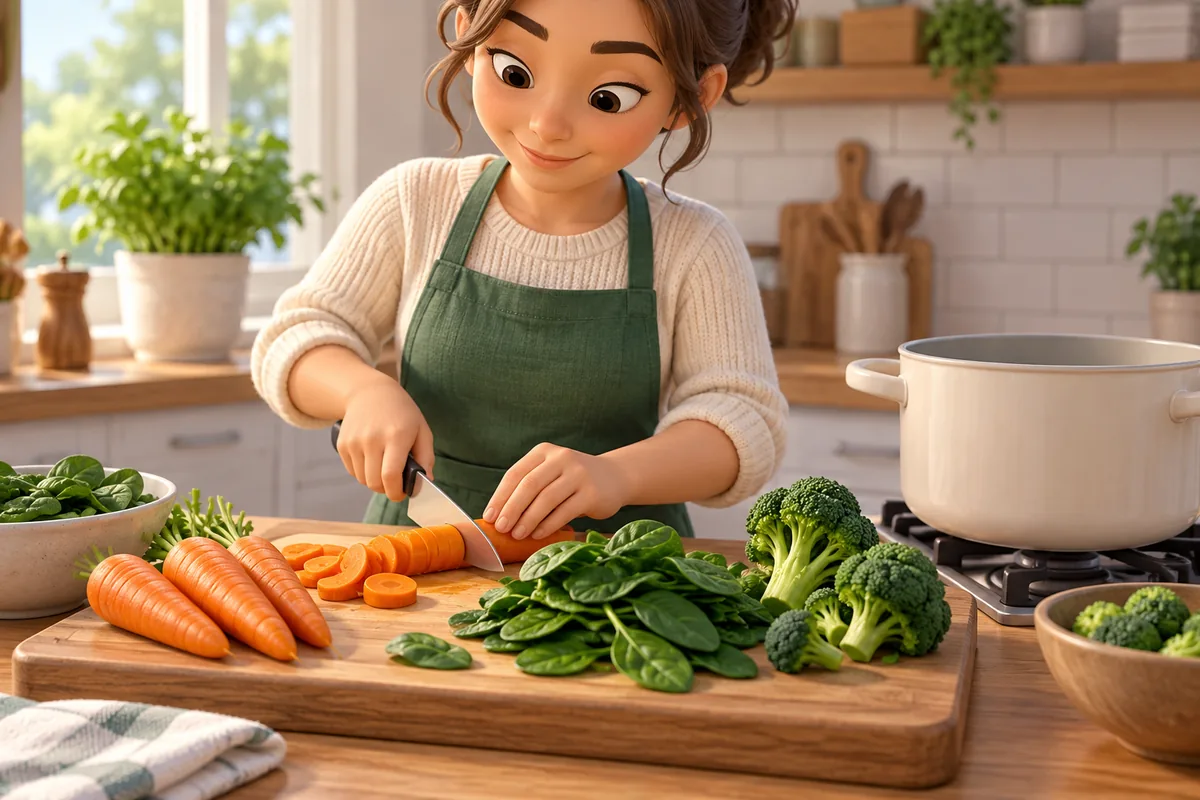 An adult prepares carrots, spinach, and broccoli on a cutting board for a vegetable soup.