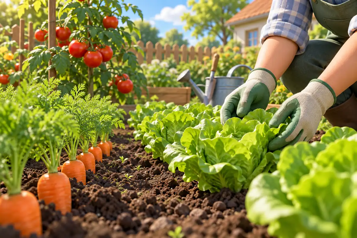 Rows of carrots, lettuce, and tomato plants grow in a sunny home vegetable garden.