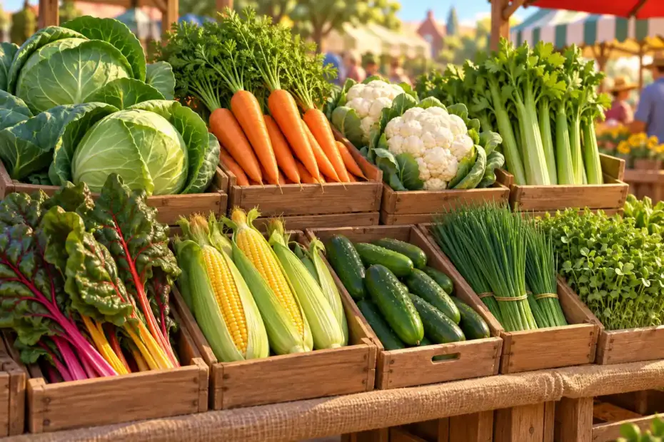 A market display features cabbage, carrots, cauliflower, celery, chard, corn, and cucumber.