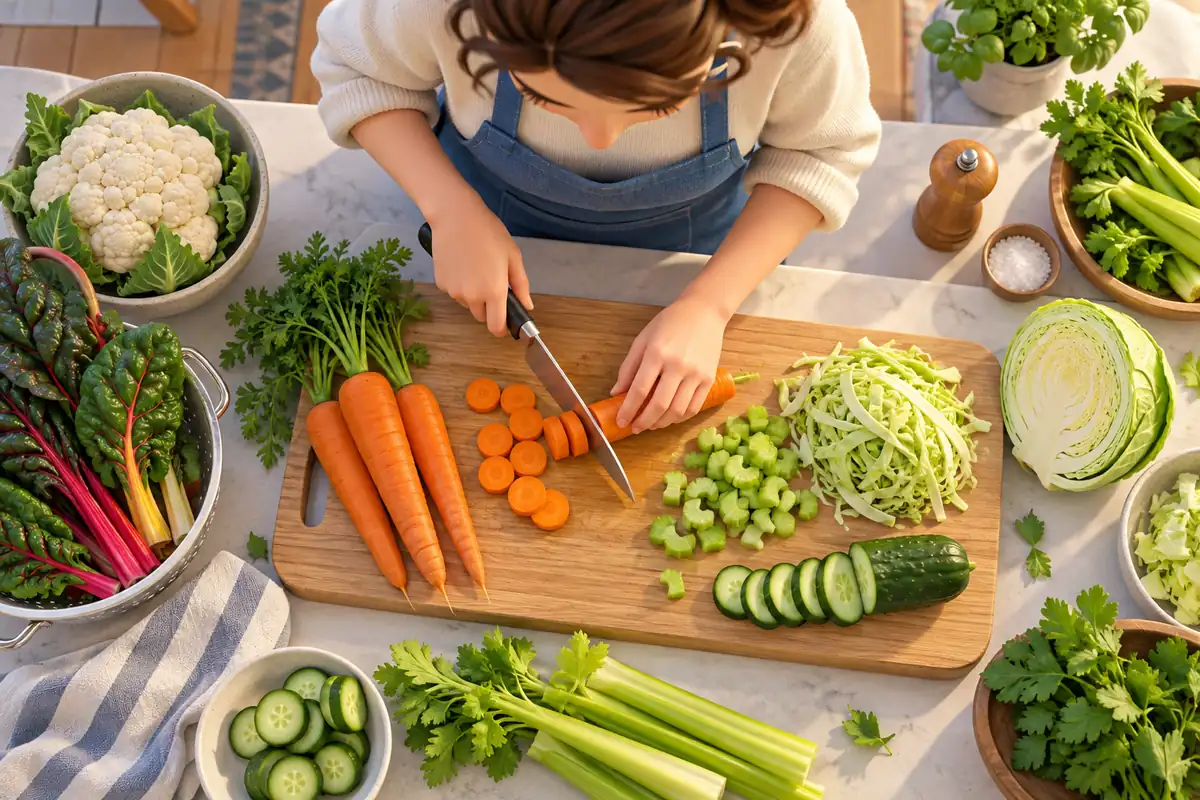 A cook prepares carrots, celery, cabbage, cucumber, cauliflower, and chard.