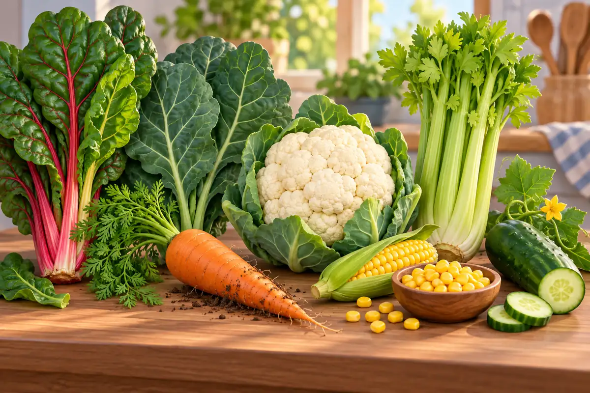 Leafy greens, roots, a flower head, stalks, seeds, and cucumber are arranged together.