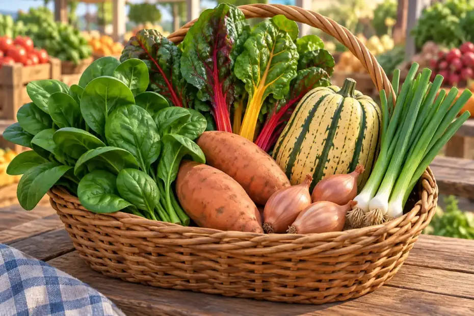 A market basket holds spinach, Swiss chard, sweet potato, squash, and shallots.