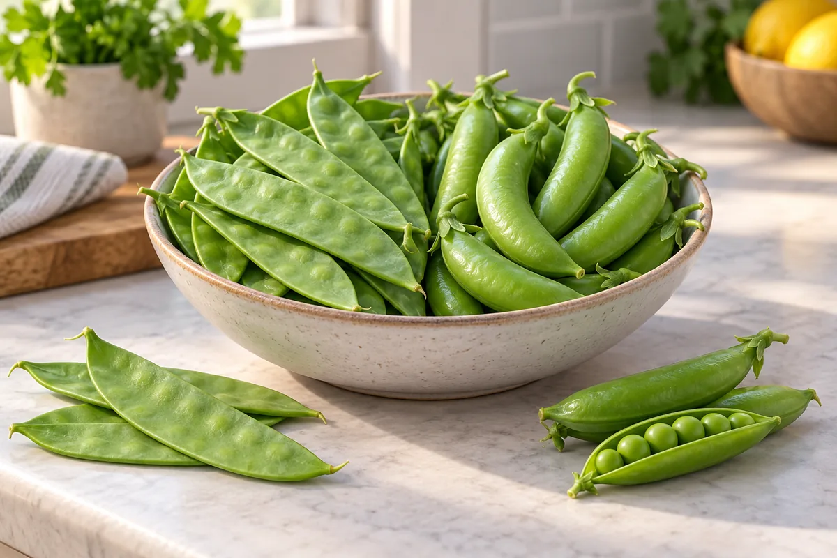 Snow peas and sugar snap peas sit side by side in a bowl.