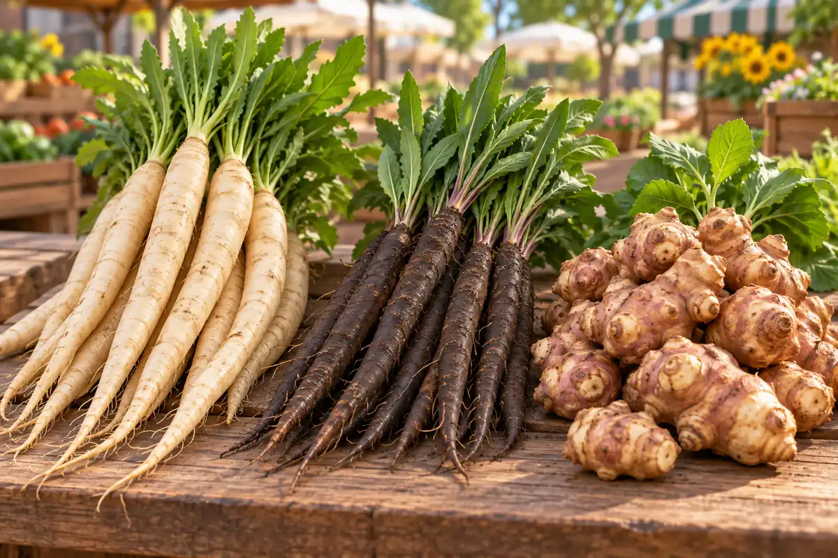 Salsify roots, scorzonera, and sunchokes are arranged on a market table.