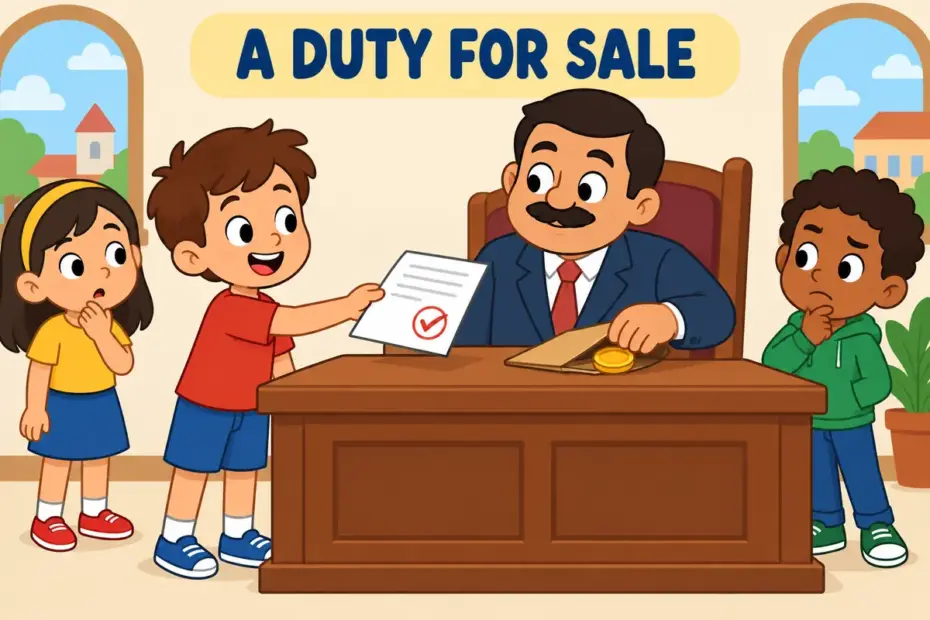Cartoon children watch an official swap a rule book for a coin, showing venal in a sentence as using a position for money.