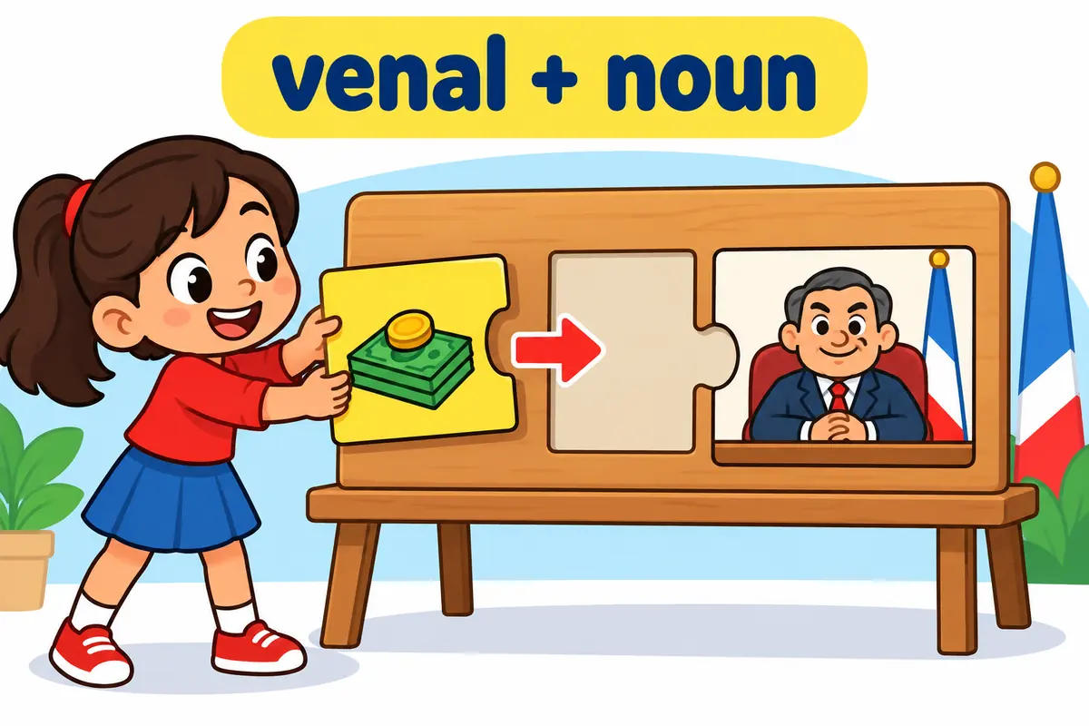 A cartoon child places the word venal onto a card that fits in front of a picture of a seated official.