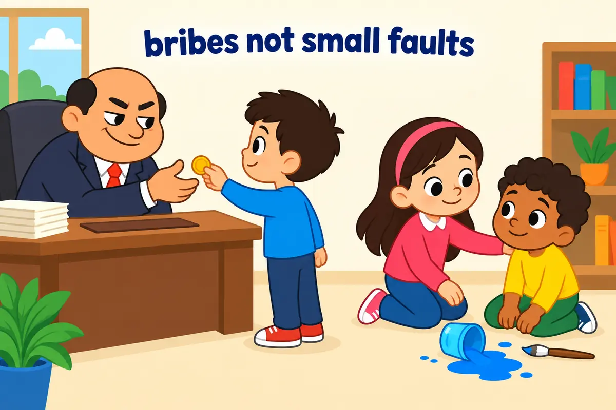 A single unified cartoon scene contrasts a corrupt official taking a coin with a child gently excusing a tiny spilled-paint mistake.