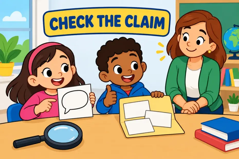 Cartoon children compare a written claim with a folder of evidence, showing veracity in a sentence as checking truthfulness.