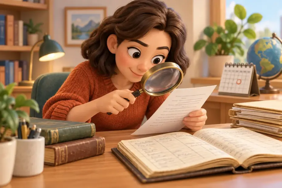 A researcher compares a claim with supporting records and source documents.