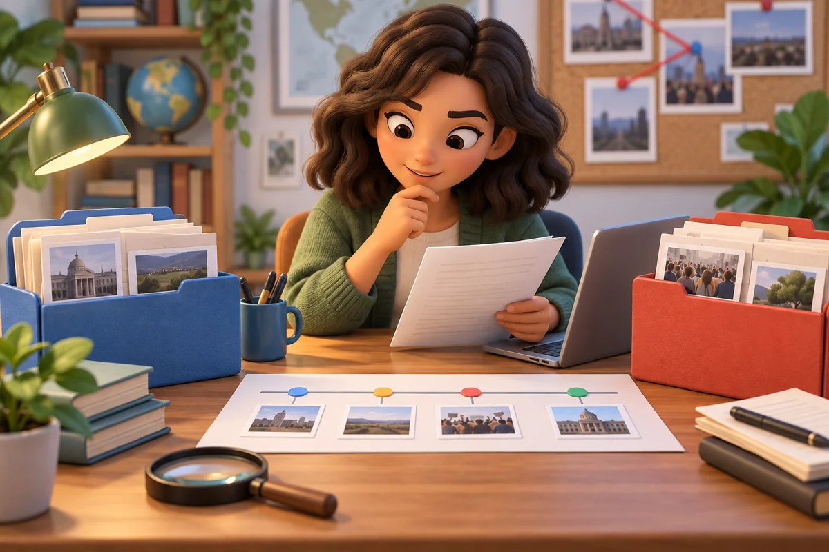 A journalist compares two sources while checking a report’s accuracy.