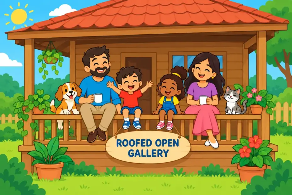 Cartoon family sits on a roofed open gallery along a wooden house, showing veranda vs verandah as the same place.