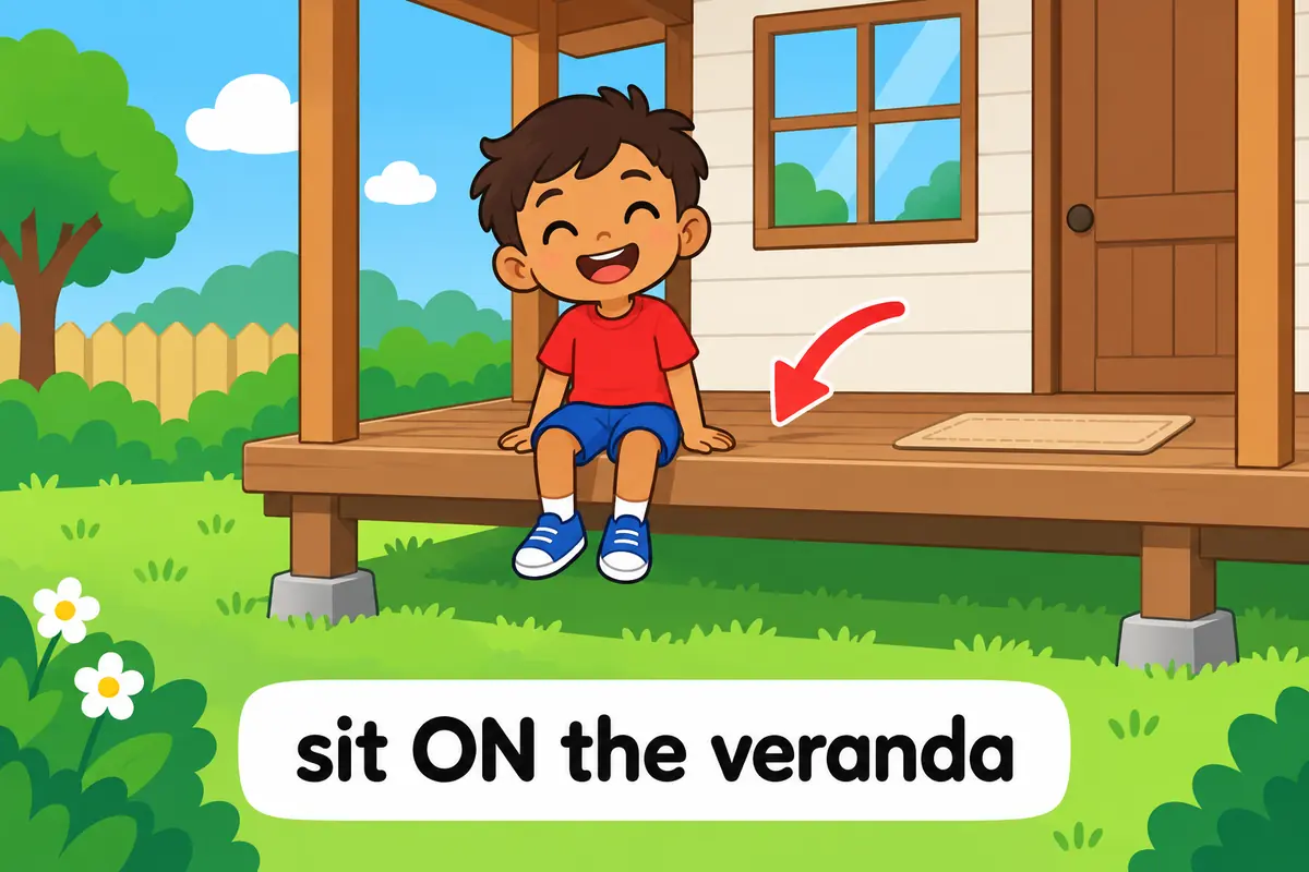 A cartoon child sits on the edge of a shaded gallery while a small sign shows the preposition on.