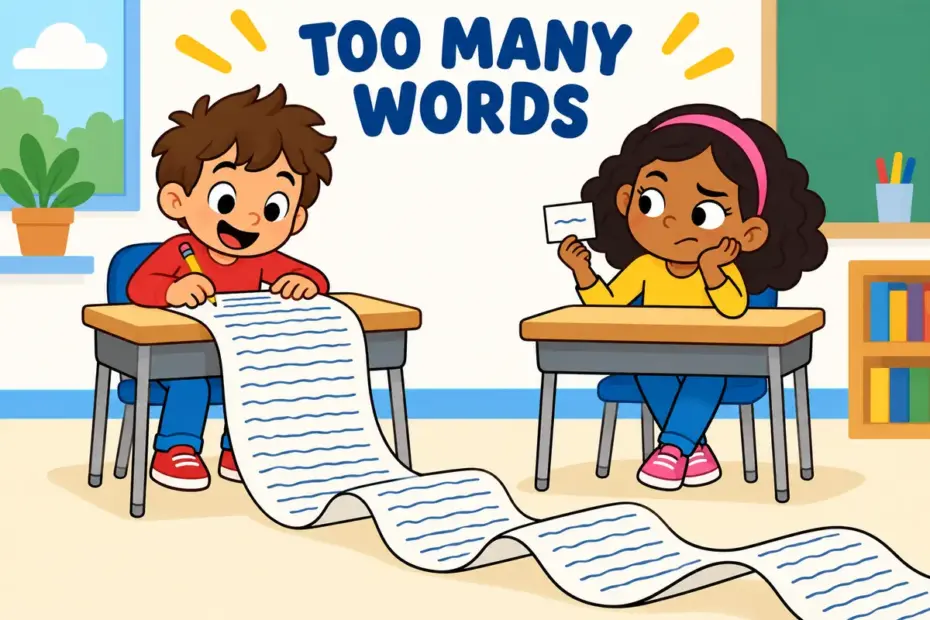 Cartoon child writes a huge letter that unrolls across the floor to say one short thing, showing verbose in a sentence.