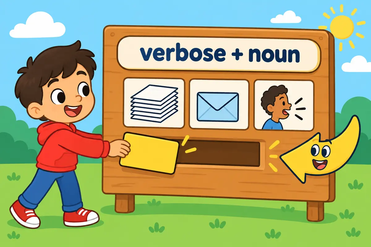 A cartoon board shows an adjective card slotting in front of picture cards for a report, an email and a speech.
