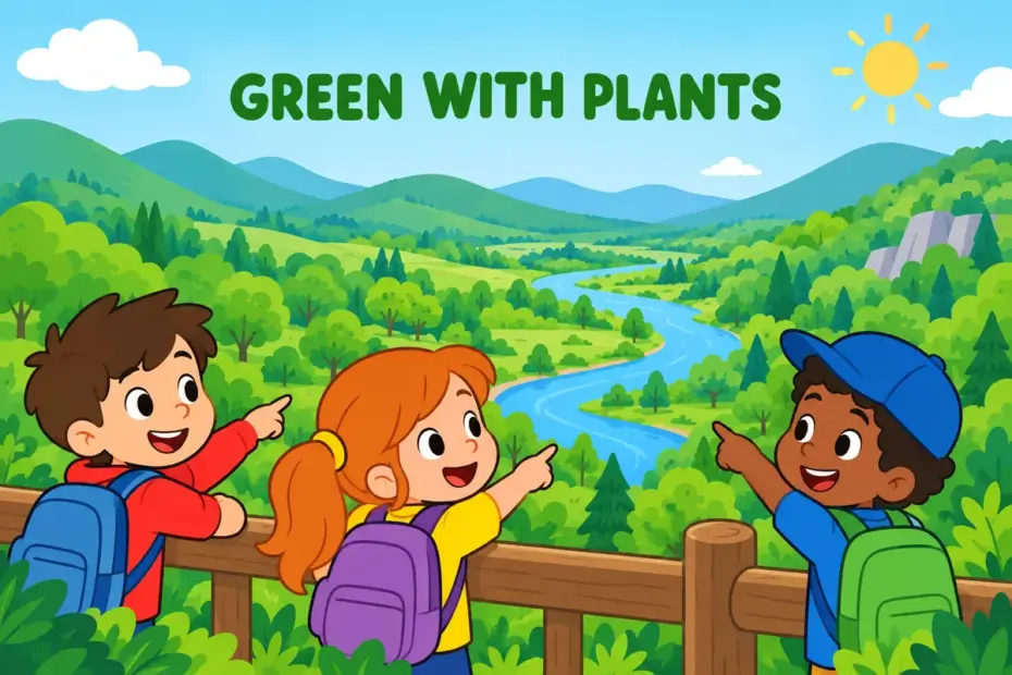 Cartoon children look over a green, plant-filled valley, showing verdant in a sentence as land rich with growth.