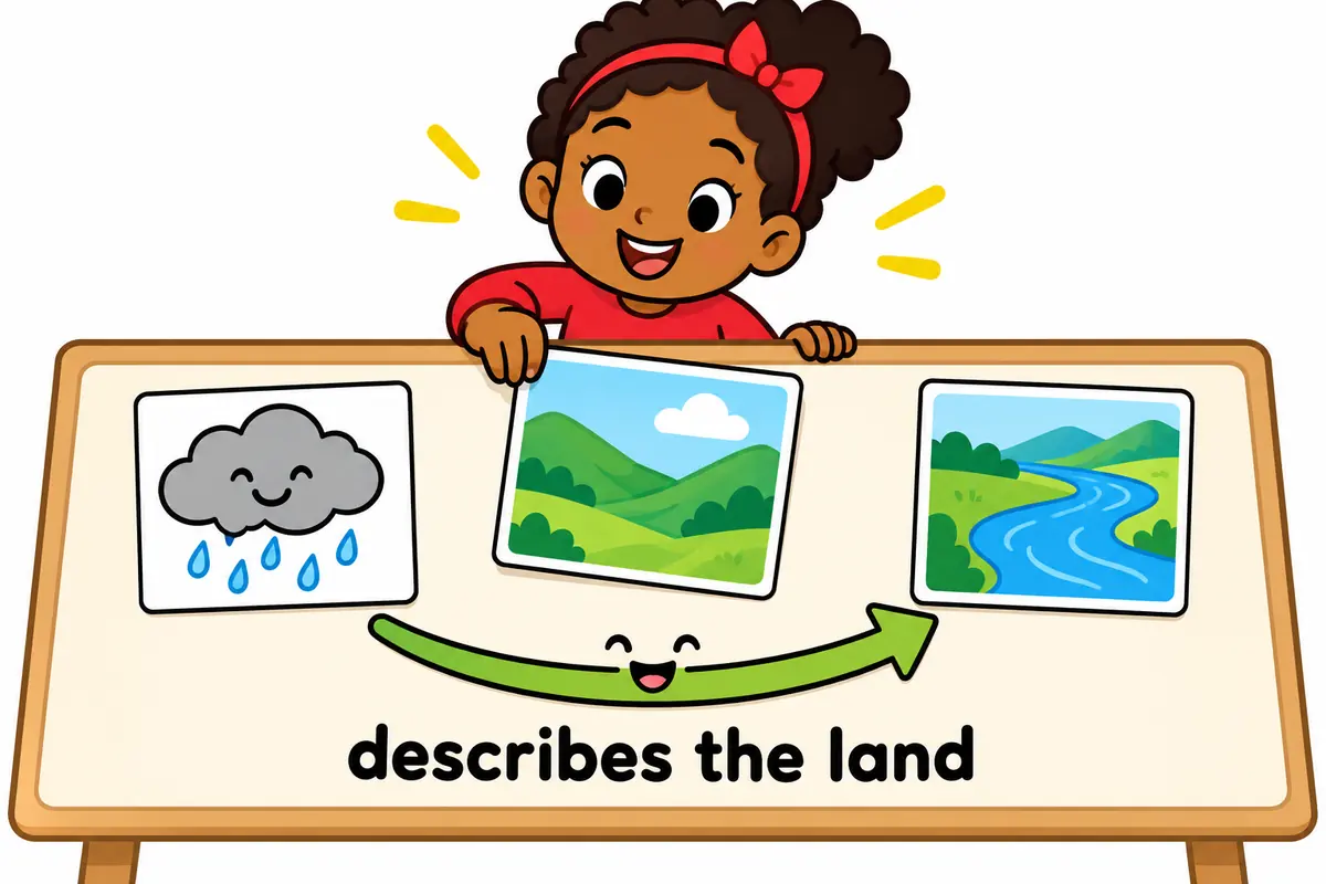 A cartoon valley card slots beside a rain cloud and river card to show verdant naming a green landscape.