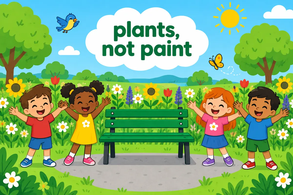 A cartoon single continuous scene contrasts a richly planted meadow with a green-painted bench on bare concrete.
