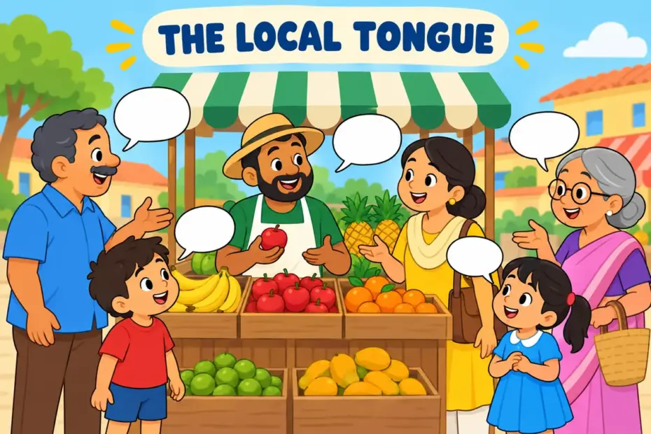 Neighbours and children use ordinary local speech at a market, illustrating vernacular in a sentence.