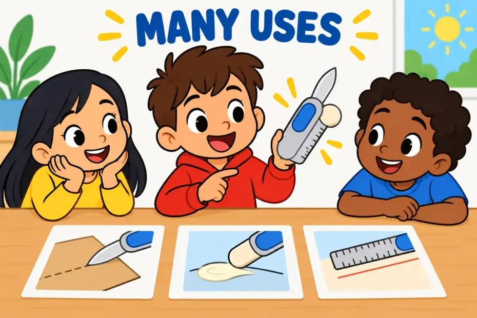 Cartoon child uses one versatile tool to cut, spread and measure at a craft table, showing versatile in a sentence.