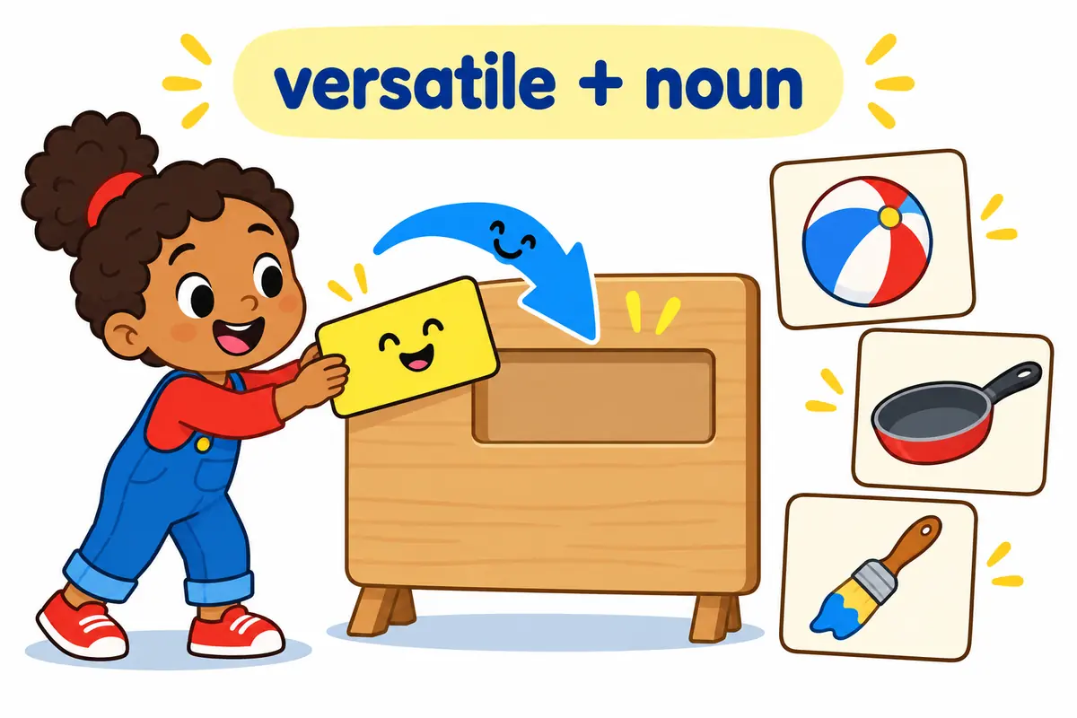 A cartoon card places the word versatile directly before pictures of a player, a pan and a paintbrush.