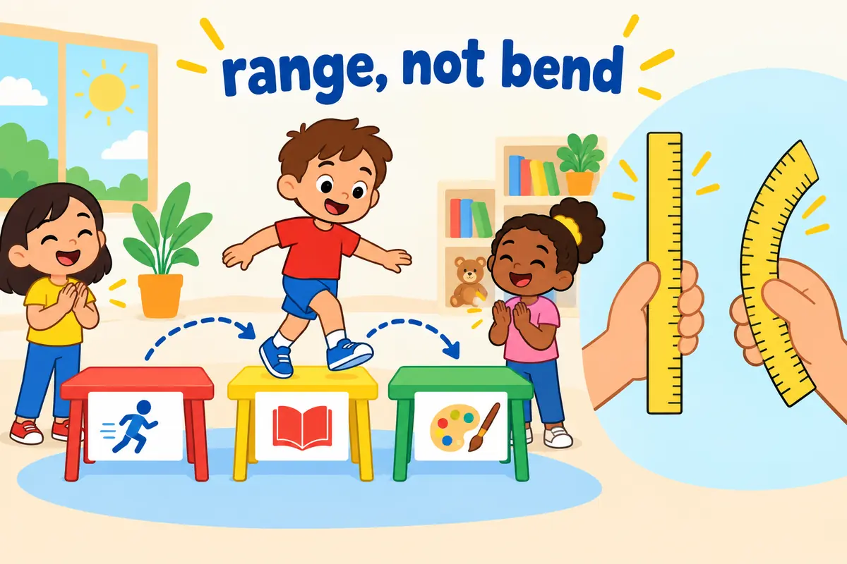 A cartoon single scene contrasts a child switching between three activities with a ruler that stays rigid and then bends.