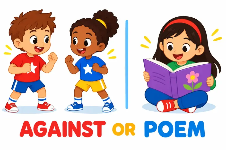 Cartoon teams face off beside an open poetry book, showing versus vs verse in a sentence as against or a poem line.