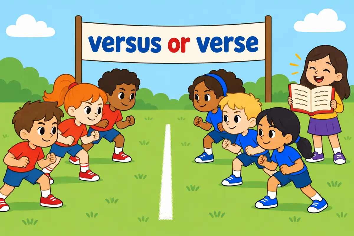Two cartoon teams face each other under the label versus, while a book of poems shows the word verse.