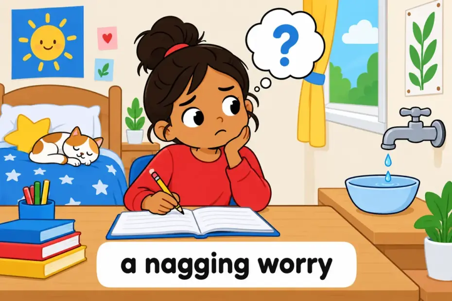 A cartoon child frowns at a dripping tap while homework waits, showing vex in a sentence as mild, nagging annoyance.