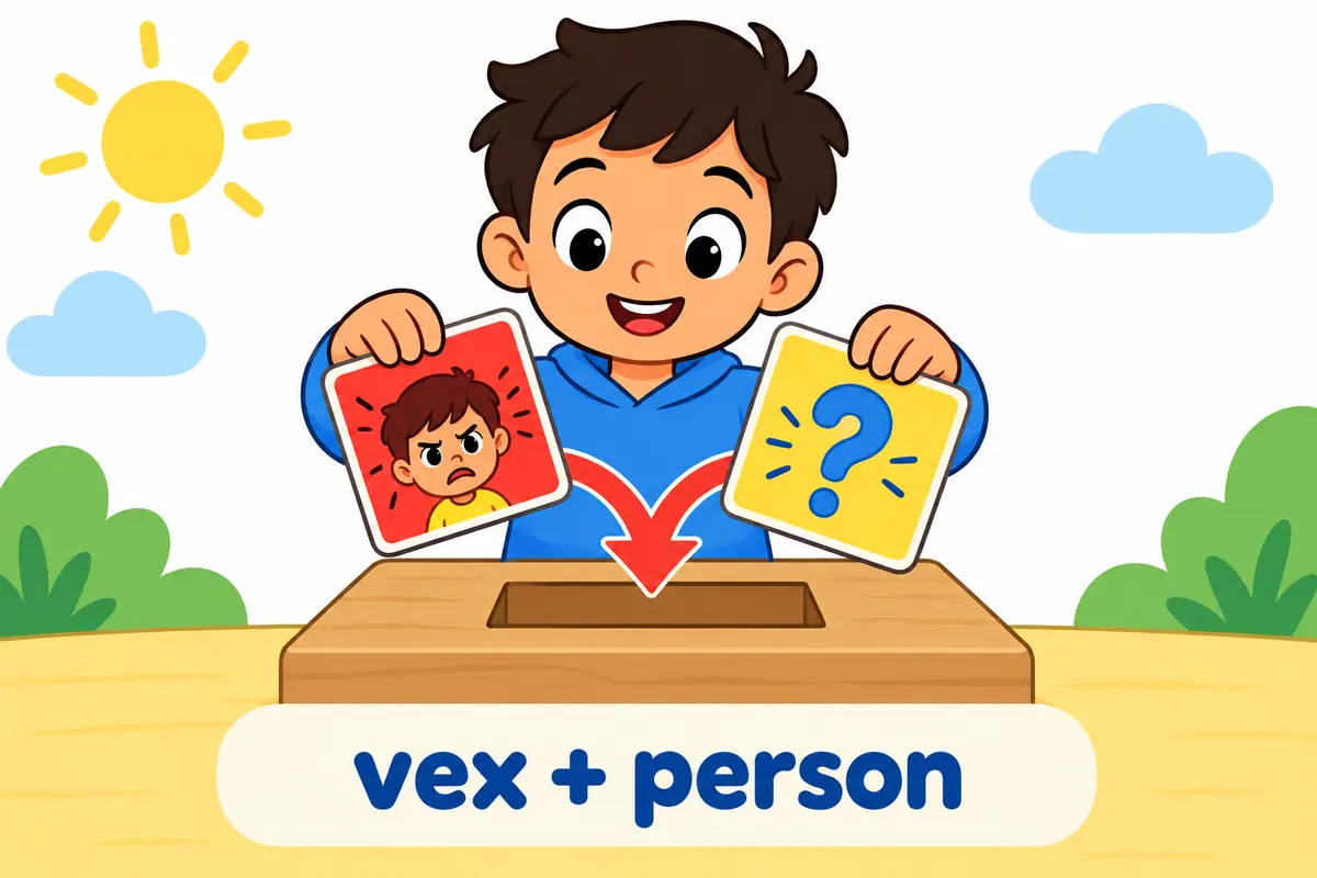 Two cartoon cards show a person and a hard question slotting into the object position after the verb vex.