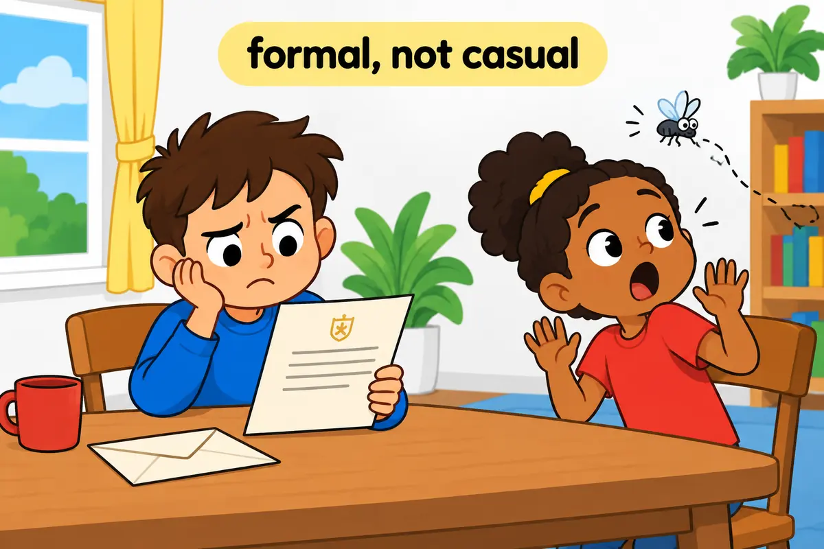 A cartoon scene contrasts a child frowning at a formal letter with another child briefly startled by a buzzing fly.